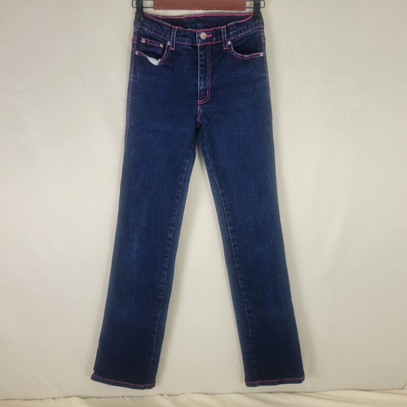 H n‎ G Jeans Juniors 3 Tall Blue Denim Womens Mid Rise Straight Leg Pink Stitch - Picture 1 of 14